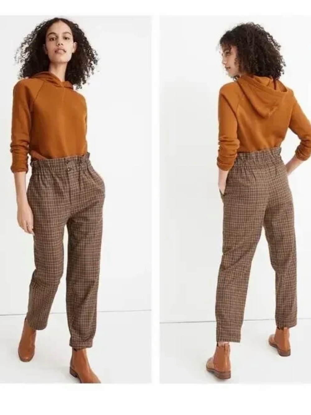 Madewell Brown Plaid High-Rise Paperbag Ankle Pants